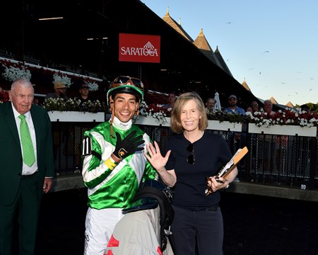 Trainer Linda Rice after winning five races at Saratoga Race Course