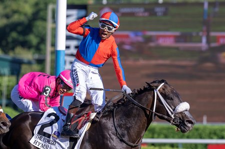 A jubilant Ricardo Santana Jr. celebrates victory aboard Hymn in the Forego Stakes at Saratoga Race Course