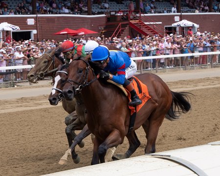 Gaudreau (inside) wins a maiden special weight over Coach Pope (middle) and U. S. S. Valor (outside) at Saratoga Race Course