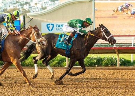 Eunomia and Micah Husbands are home by a safe half a length at the end of the Clement L. Hirsch Stakes at Del Mar