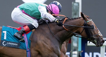 Kalpana edges out Sparan Nua (obscured) for the victory in the Yorkshire Oaks at York Racecourse