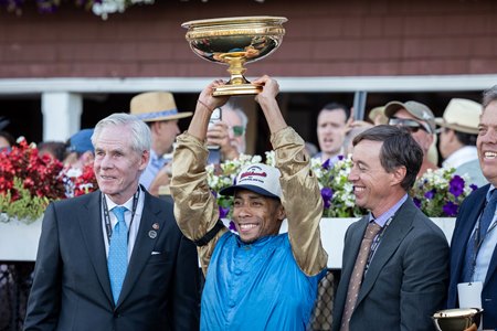 Manny Franco after guiding Leading Change to victory in the Travers Stakes at Saratoga Race Course
