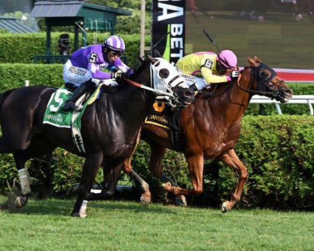 John the Beer Man (inside) wins the Troy Stakes at Saratoga Race Course