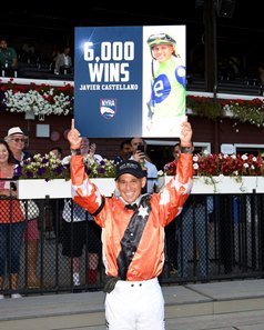 Javier Castellano celebrates his 6,000th winner at Saratoga Race Course