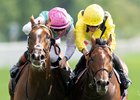 Item (Colin Keane, left) beats Almaqam (Kieran Shoemark) in the Juddmonte International
York 19.8.26 Pic: Edward Whitaker