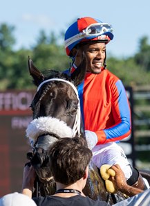 Jockey Ricardo Santana Jr. aboard Hymnn after the sprinter's victory in the Forego Stakes at Saratoga Race Course