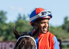 Ricardo Santana Jr. celebrates after winning the Forego Stakes (G1) atop Hymn at Saratoga Race Course in Saratoga Springs, NY., on Aug. 29, 2026.