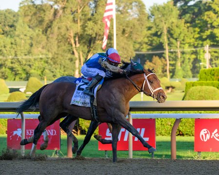 Leading Change (outside) wins the Travers Stakes at Saratoga Race Course
