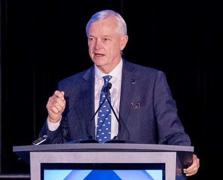 Everett Dobson, chairman of The Jockey Club, offers points of emphasis during closing remarks at the Round Table 