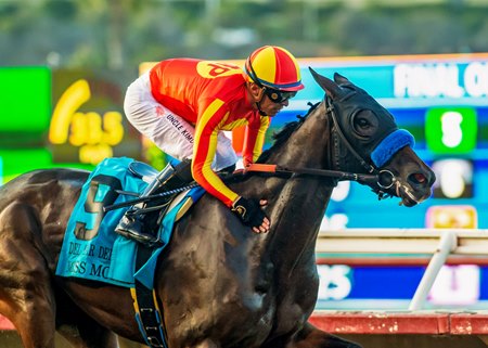 Miss Monica is all alone at the wire in the Del Mar Debutante Stakes at Del Mar
