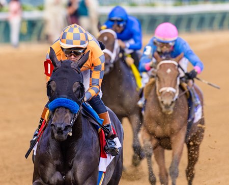 Splendora leaves Yes It Tiz (pink cap) and Immersive in her wake as she romps in the Locust Grove Stakes at Churchill Downs