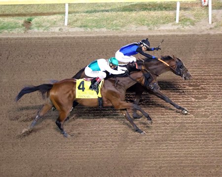 Silent Tactic (inside) wins the Oklahoma Derby at Remington Park