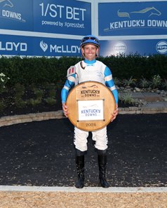Flavien Prat celebrates being leading rider at the Kentucky Downs meet