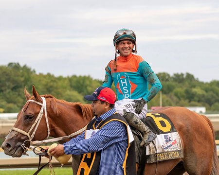 Javier Castellano celebrates winning the Pennsylvania Derby aboard The Puma at Parx Racing