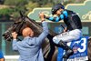 Kretz Racing's Cabo Spirit and jockey Mike Smith win the Grade II $200,000 City of Hope Mile Saturday September 26, 2026 at Santa Anita Park in Arcadia, CA.  Smith, gets a high-five from winning trainer George Papaprodromou after the race.
Benoit Photo