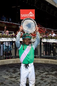 Manny Franco celebrates his leading rider title at Saratoga Race Course