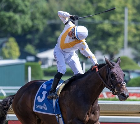 Manny Franco celebrates winning the Saratoga jockey title as Mashallah wins the Prioress Stakes at Saratoga Race Course