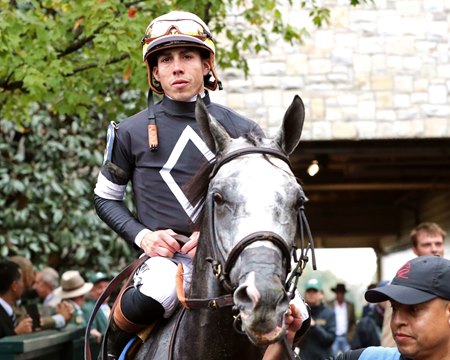 Irad Ortiz Jr. enters the winner's circle aboard Time to Dazzle following the Franklin Stakes at Keeneland