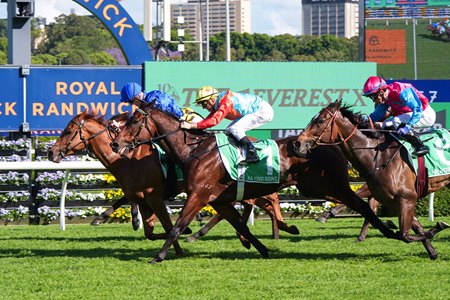 Tempted (blue silks) edges Ka Ying Rising to win the AU$20 million The Everest at Randwick Racecourse