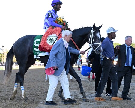 Dotsy enters the winner's circle after winning the Frizette Stakes at Belmont Park