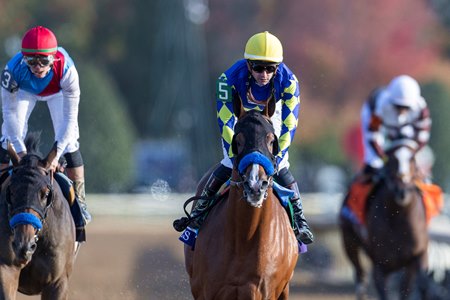 Hughes (center) and Salahudin (left) finish 1-3 in the Breeders' Cup Juvenile at Keeneland