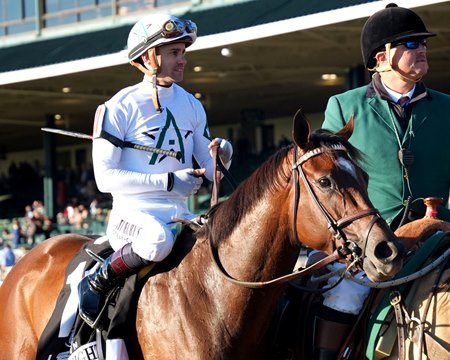 Movie Night, under Flavien Prat, after winning the Raven Run Stakes at Keeneland