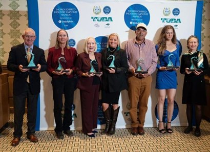 (L-R): Thoroughbred Industry Employee Award winners David Carroll, Jan Pettinger, Sheri Holmes Stirling, Tammy Wright,  Manuel Perez, Lexi Corti and Sheri Miller