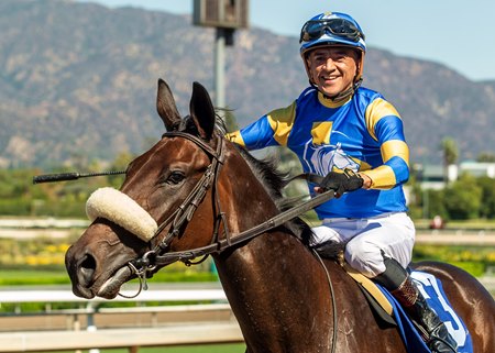 Adrian Escobedo and Domain Expansion head to the winner's circle after their victory in the Oak Leaf Stakes at Santa Anita Park